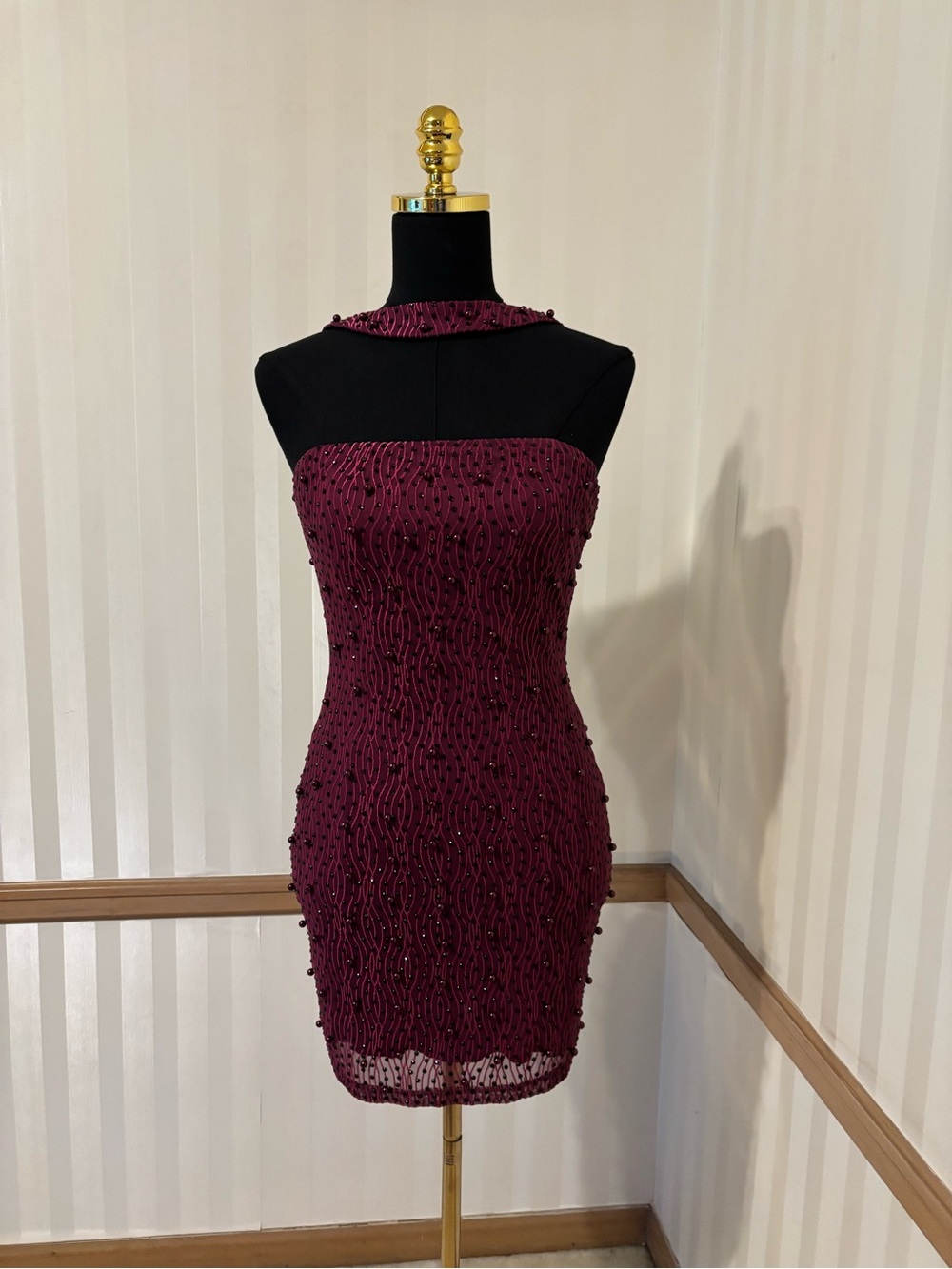 Burgundy Beaded Strapless Mini Dress